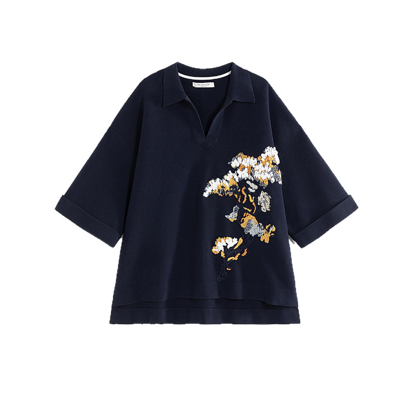 例外春秋翻领女绣花针织衫女装