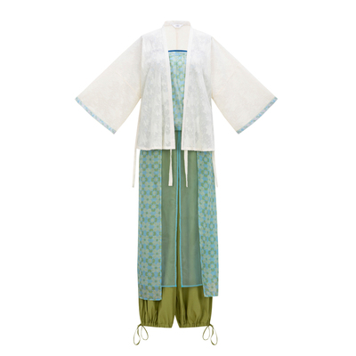 花朝记｜青铃｜汉服元素对穿交灯笼裤吊带绿色印花棉天丝日常春夏