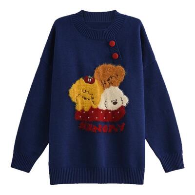 森女部落慵懒风可爱小狗刺绣长袖毛衣女2026新款秋季百搭宽松上衣