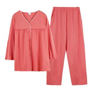 开衫带胸垫针织纯棉睡衣套装女春夏季七分袖中袖九分裤全棉家居服