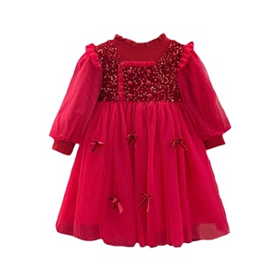 女童连衣裙秋冬洋气红色纱裙儿童加绒生日礼服拜年服时髦亮片裙子