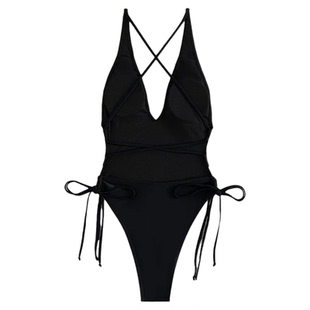 Solid color lace up V-neck one-piece swimsuit纯色系带V领泳衣