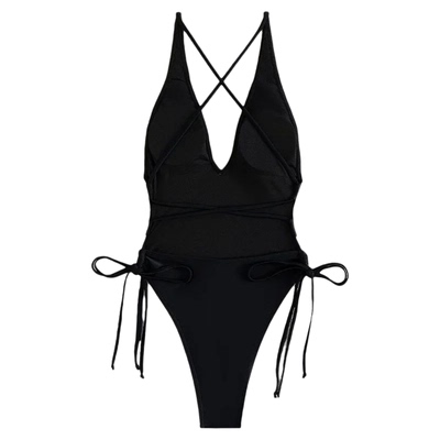 Solid color lace up V-neck one-piece swimsuit纯色系带V领泳衣