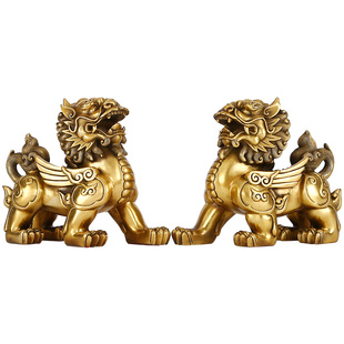 黄铜麒麟摆件一对铜工艺品中式家居办公室桌面公司开业乔迁礼品