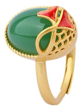 原创设计中国风古法镀金珐琅三生有幸杏叶小众高级轻奢仿玉石戒指