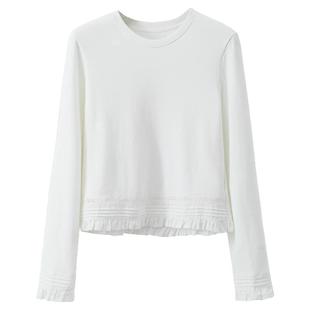 夕蒙2025新款秋韩系气质上衣小个子小众蕾丝拼接白色圆领长袖t恤