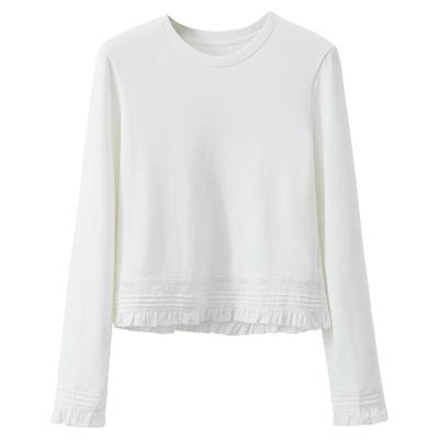 夕蒙2025新款秋韩系气质上衣小个子小众蕾丝拼接白色圆领长袖t恤
