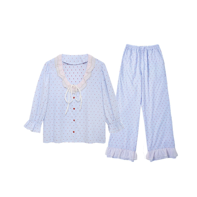 elfu法式复古蕾丝格子棉睡衣女