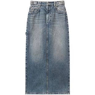 Miss Sixty牛仔半身裙女低腰开衩工装裙复古做旧洗水长裙直筒裙