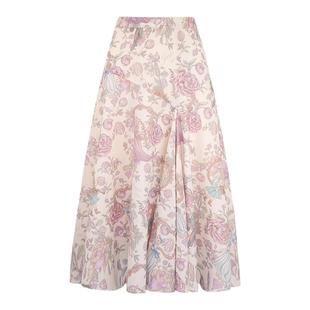 JUNGLE ME浅粉紫高腰气质浪漫春夏大摆半身裙A字中长款复古印花裙