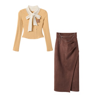 织物猪 焦糖奶霜 可露里穿搭棕色半身裙套装女冬季假两件针织衫