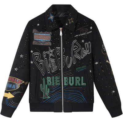 BM西部牛仔羊毛夹克外套男2025新款潮牌真皮烫钻棒球服男款大衣冬