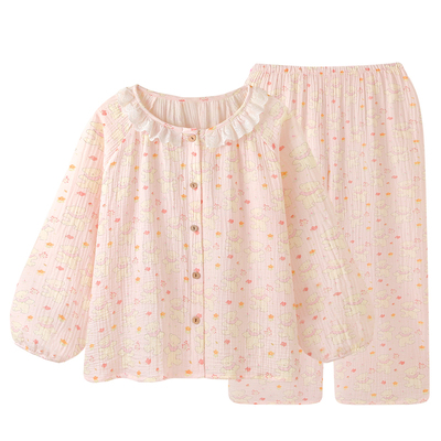 睡衣女甜美粉色纯棉纱布家居服