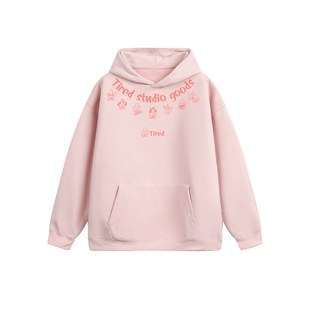 TIRED设计感印花连帽卫衣情侣款oversize加绒套头衫长袖休闲上衣