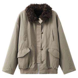 夕蒙2025新款冬季慵懒宽松绝美巨好看独特小个子卡其毛绒厚外套女