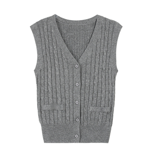 MULVAN 灰色麻花V领马甲女开衫秋冬百搭叠穿针织无袖毛衣背心上衣