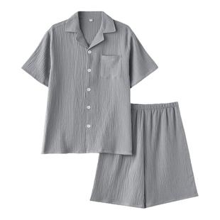纯色简约睡衣男夏季纯棉纱布双层绉布薄款大码短袖短裤家居服套装