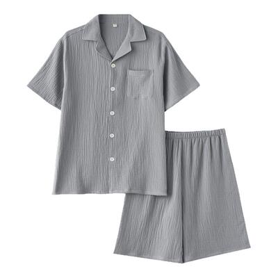 男纯棉纱布薄款短袖短裤家居服