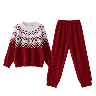 猫人秋冬款红色半边绒睡衣套装女