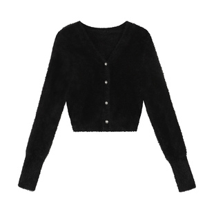 pusumede 世家千金 软糯仿貂毛V领针织衫上衣女高级短款毛衣开衫