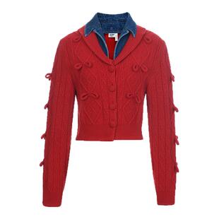 【马思纯同款】lefame拉飞姆春季新款红色牛仔拼接针织毛衣外套女