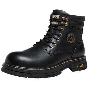 骆驼男鞋2025冬季新款牛皮黑色工装靴子大圆头时尚英伦复古马丁靴