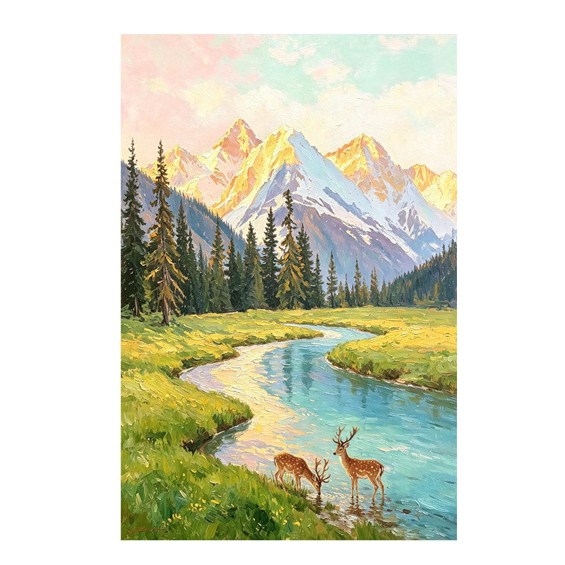 奶油风日照金山手绘油画客厅挂画