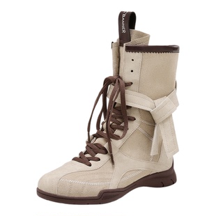 千百度英伦风马丁靴女款松糕系带新款内增高拳击靴复古小众西部靴