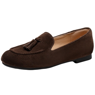 森达超软羊皮乐福鞋女26春新绒面一脚蹬舒适厚底内增高休闲单鞋