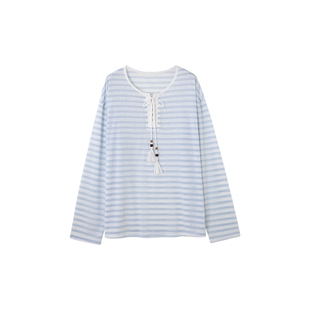 时然大码条纹长袖T恤微胖mm女装透气空调衫罩衫春夏季新品上衣韩