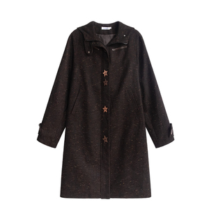 UNIFREE复古连帽毛呢大衣女冬新款加厚加棉厚实保暖防寒长款外套