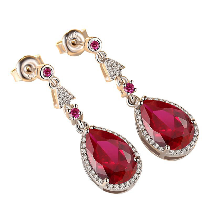 红宝石耳环女日韩原创设计彩宝耳钉纯银镀18k金气质彩色宝石耳饰