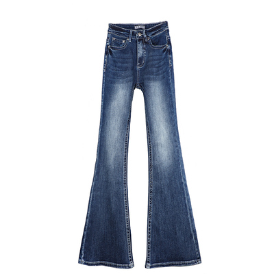 后袋盖提臀喇叭长裤中等绳染牛仔