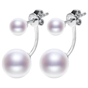 海蒂珠宝 恋夏8-9mm正圆淡水珍珠耳钉 s925银双珠耳环 送女友礼物