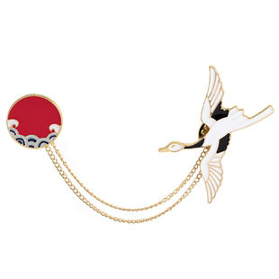 复古中国风仙鹤胸针 丹顶鹤 太阳可爱日系流苏金属徽章 书包别针