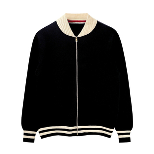 美式复古棒球领拉链开衫针织衫男冬季休闲加厚高级黑色毛衣外套男