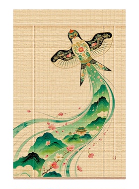 山水插画竹帘卷帘 新中式禅意遮光窗帘 茶室客厅阳台升降