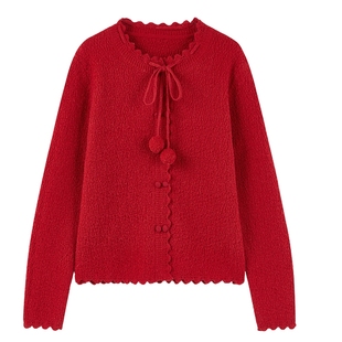 秋水伊人慵懒红色针织开衫2025年冬季新款女设计感系带宽松上衣