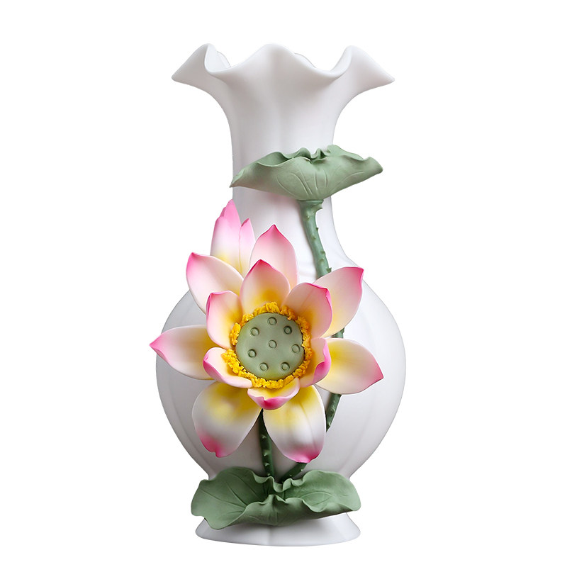 陶瓷荷花花瓶佛前花瓶客厅摆件