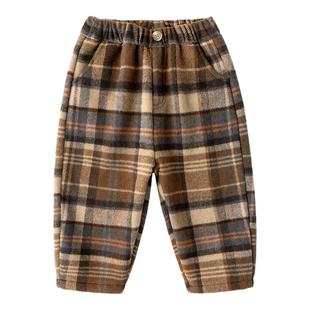 宝宝裤子毛呢秋冬加厚儿童加绒长裤冬款男童格子裤廓形冬季美拉德