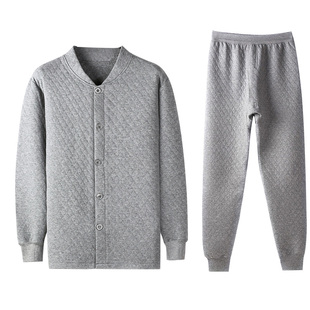 中老年人三层加厚秋衣男士单件纯棉爸爸保暖内衣套装夹棉开衫上衣