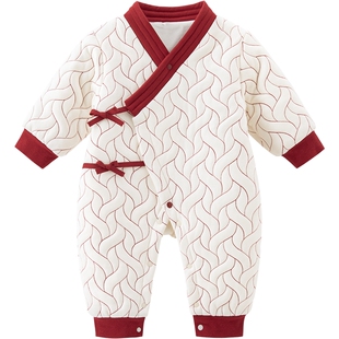 新生婴儿保暖和尚服宝宝连体衣夹棉冬季满月哈衣加厚红色喜庆年服