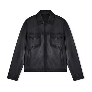 EMPORIO ARMANI/阿玛尼夏季新款男士翻领机车风复古皮衣夹克外套