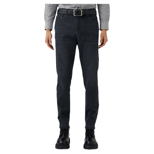 波顿2025秋冬新款牛仔裤高端男士复古灰色直筒修身抓绒裤子