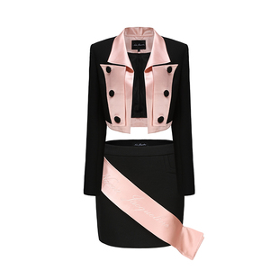 [甄选3折]NanaJacqueline翻领套装羊毛西装外套女斜拼接缎带短裙