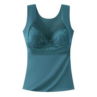 新款蕾丝德绒保暖背心女带胸垫一体式加绒加厚无痕打底大码内衣冬