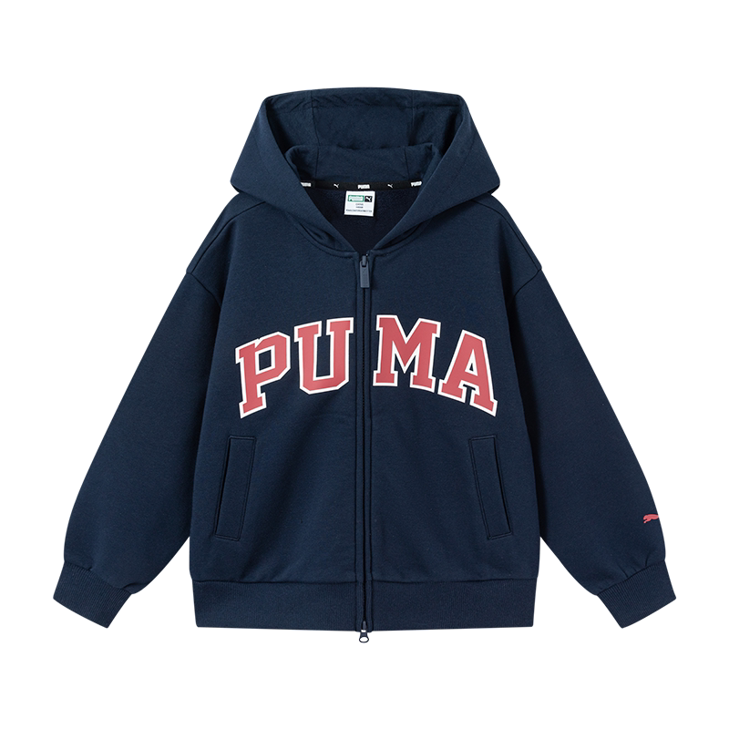 PUMA彪马儿童外套新款春季男女同款薄绒卫衣时尚保暖学生拉链开衫