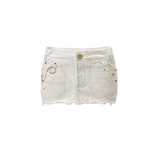 4muggle原创千禧年烫钻白牛仔包裙防走光气质半身裙撕破a字亮短裙