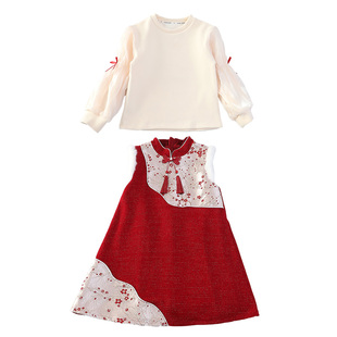 女童冬季加绒旗袍套装2026新款中国风打底衫马甲裙年服两件套冬装