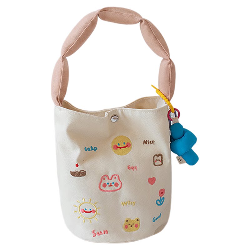 手提双层帆布包绣花水桶包女学生饭盒袋上班手机手拎袋通勤小布包